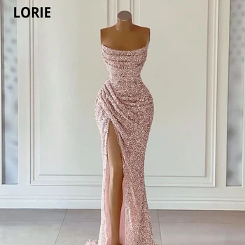 LORIE Morská víla Večerné Šaty Ružové Sequined Prom Šaty Dlhé Formálnej stránky Split Strany Saudskej Arábie Celebrity Šaty Plus Veľkosť