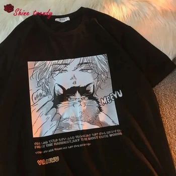 Dvojrozmerné Japonské Anime Karikatúry Mačka Gotický T-Shirt Ženy Harajuku Vintage Hip-Hop Graphic Tee Ženy Oblečenie Ulici Topy