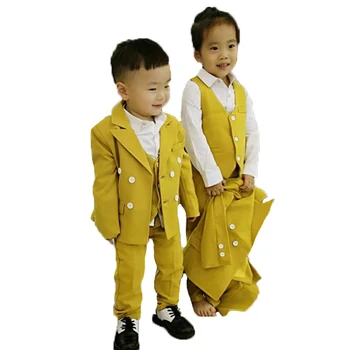 2021 Nové Chlapci Dievčatá Žltá Formálne Svadobný Oblek Deti Strany Smoking Šaty Oblečenie Set sa Deň Detí Pinao Výkon Kostým