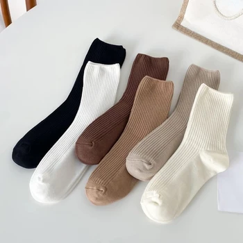 Jednofarebné Ponožky Polovice Trubice Pruhované Pletených Ponožky, Japončina Kórejčina Voľné Dlhé Pančuchy Ženy Iny Retro Mäkké Jesenné Bavlnené Ponožky