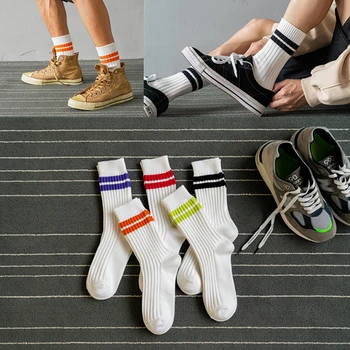 Nové Bavlna pánske Ponožky Hrubé Vlákno Dvojitej Ihly Zahusťovanie Dve Bar Prúžok Dve Bar Športové Bavlna Mid-Trubice Ponožky Odporúča sa
