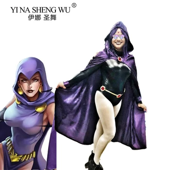 Teen Titans Super Hrdina Raven Cosplay Kostým Ženy Čiernu Kombinézu Purpurový Plášť S Kapucňou Kombinézach Halloween Party Kostým, Oblek