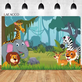 Laeacco Cartoon Safari Zvieratá Pozadie Jungle Wildlife Zoo Deti Narodeniny Dieťa Sprcha Portrét Vlastnú Fotografiu Na Pozadí