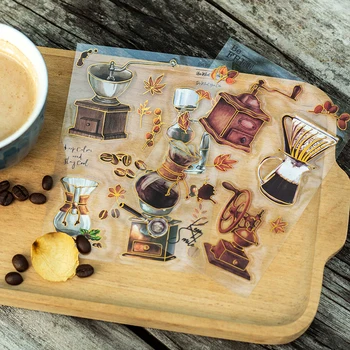 2Sheet Nálepky Kávy série nástroje Dekor Dodávky latte Poháre Zlato Samoopaľovacie Dekoratívne Scrapbooking Denníka 109*187mm