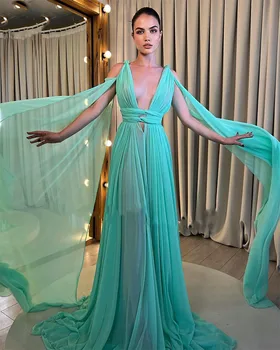 Mint Zelenej Formálne Šifón Prom Šaty Skladaný Hlboké V-Neck Dubaj Večerné Šaty Luxusné Arábia Celebrity Šaty vestidos de fiesta