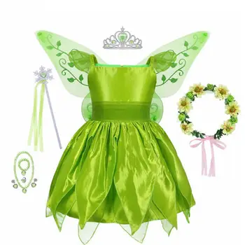 Cossky Zelená Kvetinová Víla Tinker Bell Šaty Elf Cosplay Kostým S Motýlími Krídlami Sady Deti Karnevalové Kostýmy 2-10Y