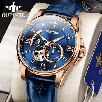 OUPINKE Luxusné pánske Náramkové hodinky Vodotesné Svetelný Sapphire Volfrámové Ocele Kostra Business Kožený Remienok Mužov Automatické Hodinky