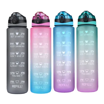 Prenosná Fľaša na Vodu S Časom Značku 1L Veľkú Kapacitu, Športové Fľaše Nepresakuje BPA Free Pitie Fľaša Gradient Farba Fľaše