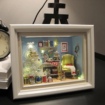 DIY 1:12 štedrý deň Photo Frame Casa Drevená Bábika Dom Stavebnica s Nábytkom Svetlo domček pre bábiky Hračky pre Dospelých Vianočné Darčeky