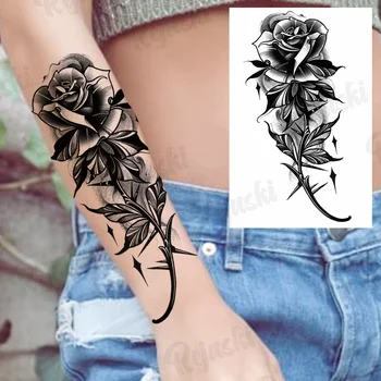 Čierne Ruže Kvet Dočasné Tetovanie Pre Ženy, Dospelých Realistické Had Kríž Motýľ Had Falošné Tetovanie Nálepky Rameno Nohu Tatoos