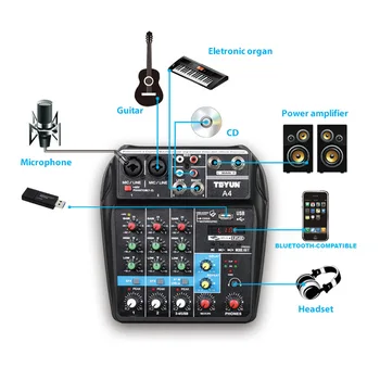 TEYUN A4 Zvuk Mixing Console Bluetooth, USB, Záznam Počítač, 48V Phantom Power Delay Repaeat Účinok 4 Kanály, USB, Audio Mixer