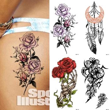 Nepremokavé Dočasné Tetovanie Nálepky Ruže Kvet Lotus Henna Flash Tetovanie Dreamcatcher Body Art Rameno Falošné Rukáv Tetovanie Ženy Muži